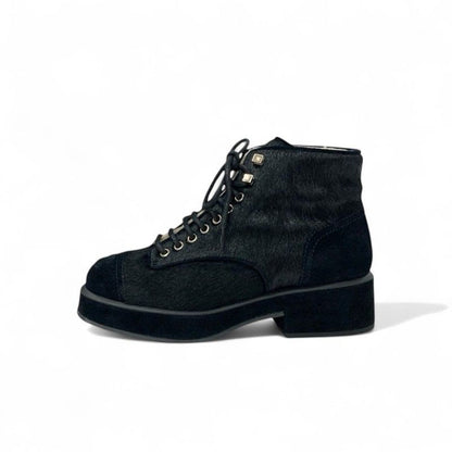 Chanel Boots Short Shoes Haraco Suede Shearling Black Coco Mark Ankle