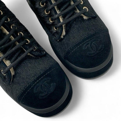 Chanel Boots Short Shoes Haraco Suede Shearling Black Coco Mark Ankle