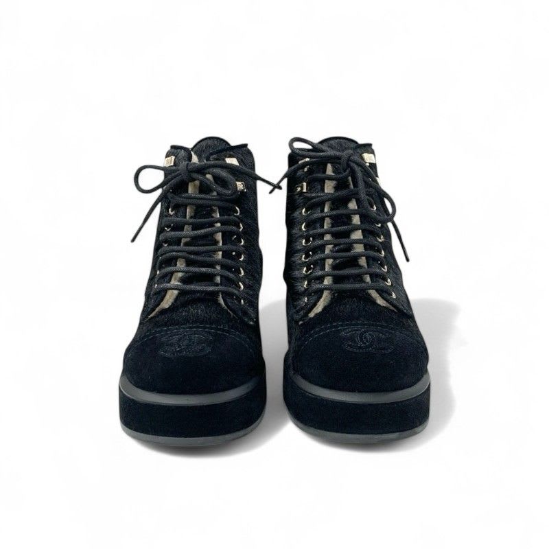 Chanel Boots Short Shoes Haraco Suede Shearling Black Coco Mark Ankle