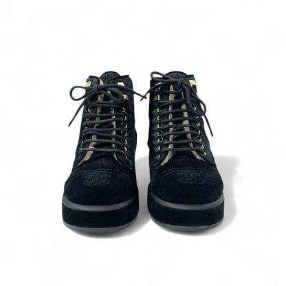 Chanel Boots Short Shoes Haraco Suede Shearling Black Coco Mark Ankle