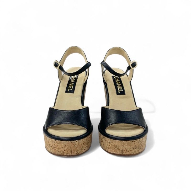 Chanel Sandals Shoes Leather Cork Black Brown Coco Mark Wedge Sole Strap