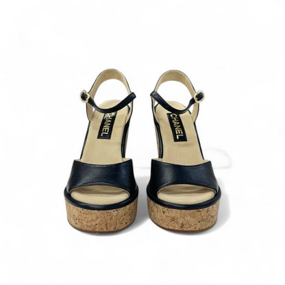 Chanel Sandals Shoes Leather Cork Black Brown Coco Mark Wedge Sole Strap