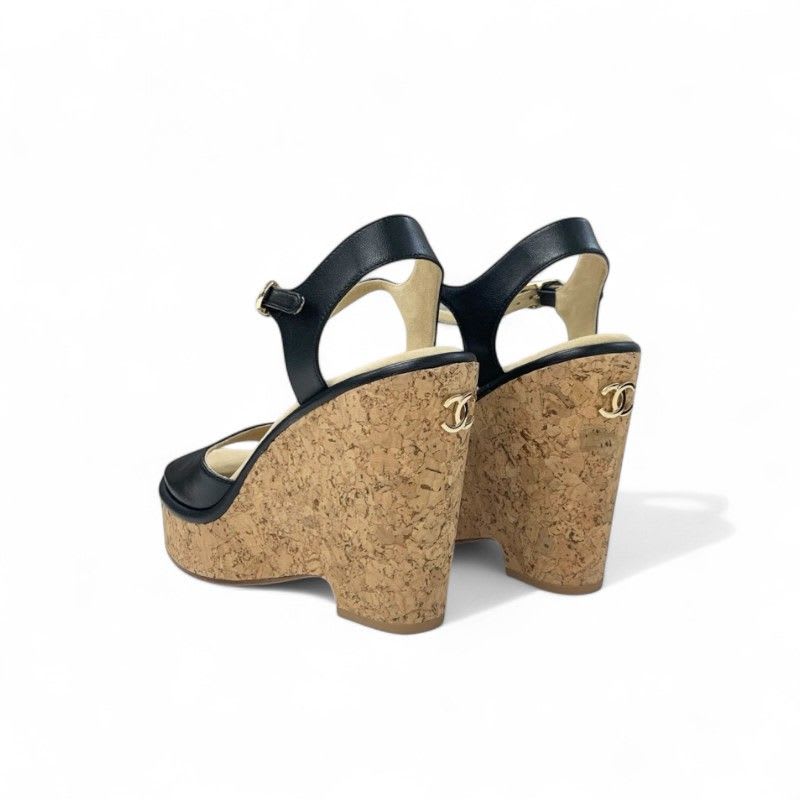 Chanel Sandals Shoes Leather Cork Black Brown Coco Mark Wedge Sole Strap