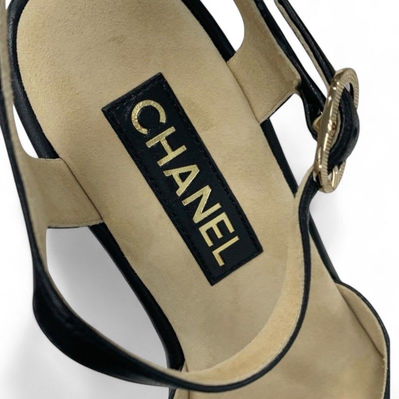 Chanel Sandals Shoes Leather Cork Black Brown Coco Mark Wedge Sole Strap