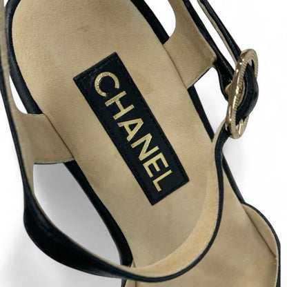 Chanel Sandals Shoes Leather Cork Black Brown Coco Mark Wedge Sole Strap