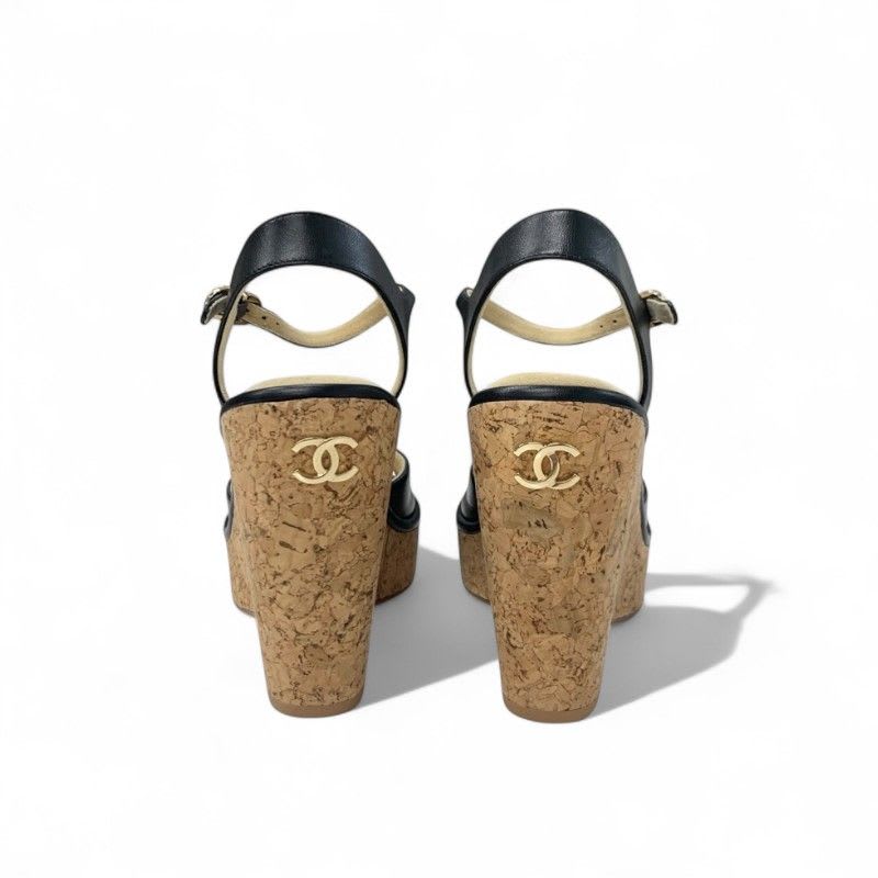 Chanel Sandals Shoes Leather Cork Black Brown Coco Mark Wedge Sole Strap