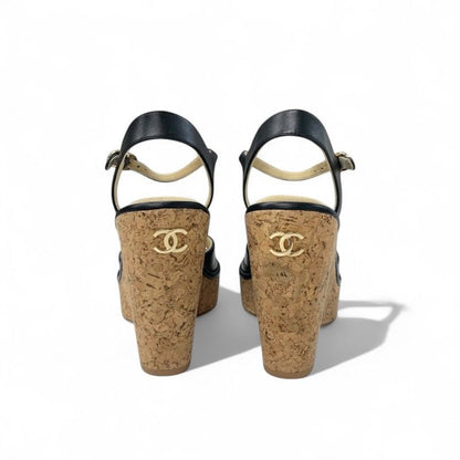 Chanel Sandals Shoes Leather Cork Black Brown Coco Mark Wedge Sole Strap