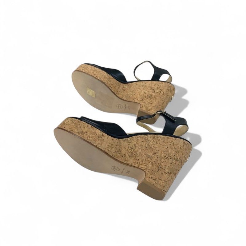 Chanel Sandals Shoes Leather Cork Black Brown Coco Mark Wedge Sole Strap