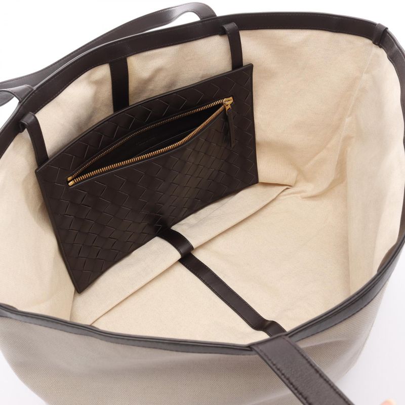Bottega Veneta Tote Bag Large Flip Flap 754915 Natural Dark Brown Canvas