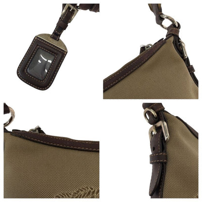 Prada Logo Jacquard Brown Silver Hardware Canvas Shoulder Bag Pochette Women