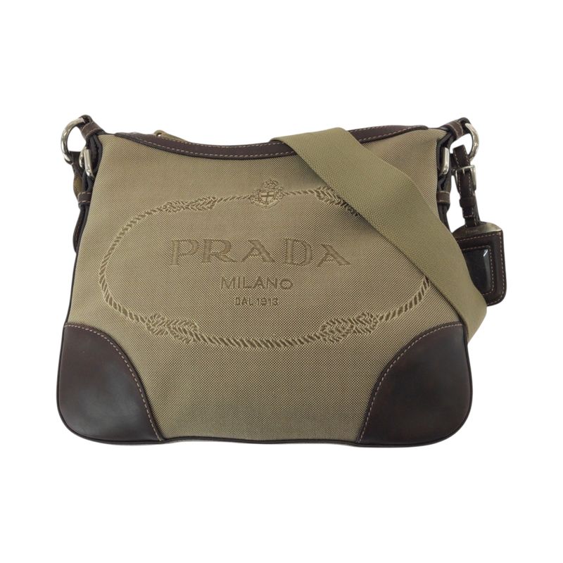 Prada Logo Jacquard Brown Silver Hardware Canvas Shoulder Bag Pochette Women