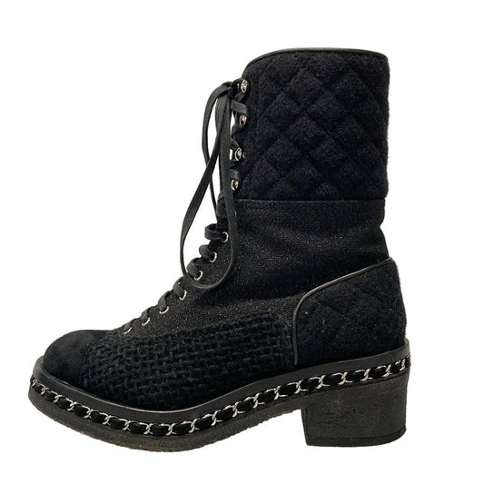 Chanel Short Boots 37C Women's G32142 Black Lame / Lace-up / Chain