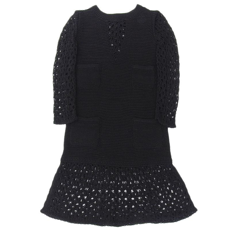 Chanel Knit 4 Pockets Knee Length Dress Women Cotton Black 36 P49313k06205 36