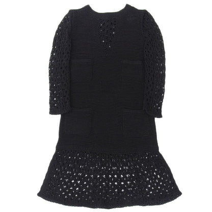 Chanel Knit 4 Pockets Knee Length Dress Women Cotton Black 36 P49313k06205 36
