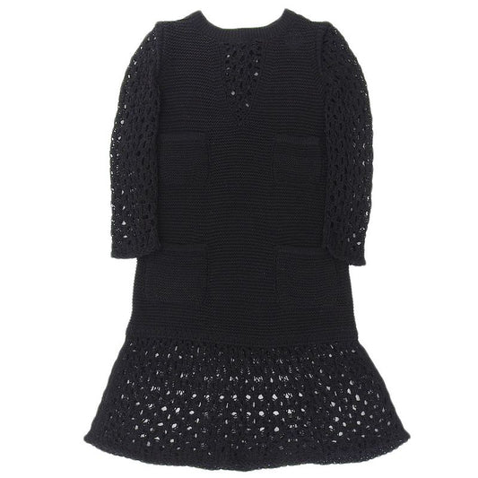 Chanel Knit 4 Pockets Knee Length Dress Women Cotton Black 36 P49313k06205 36