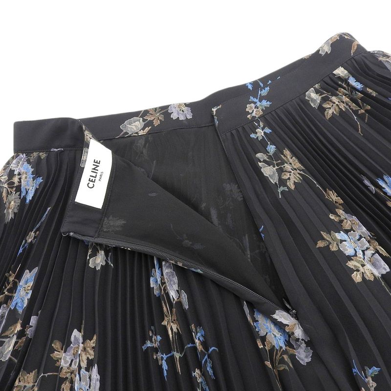 Celine Beautiful Silk Flower Sheer Pleated Skirt Women Black 36 2j369800t.96nb
