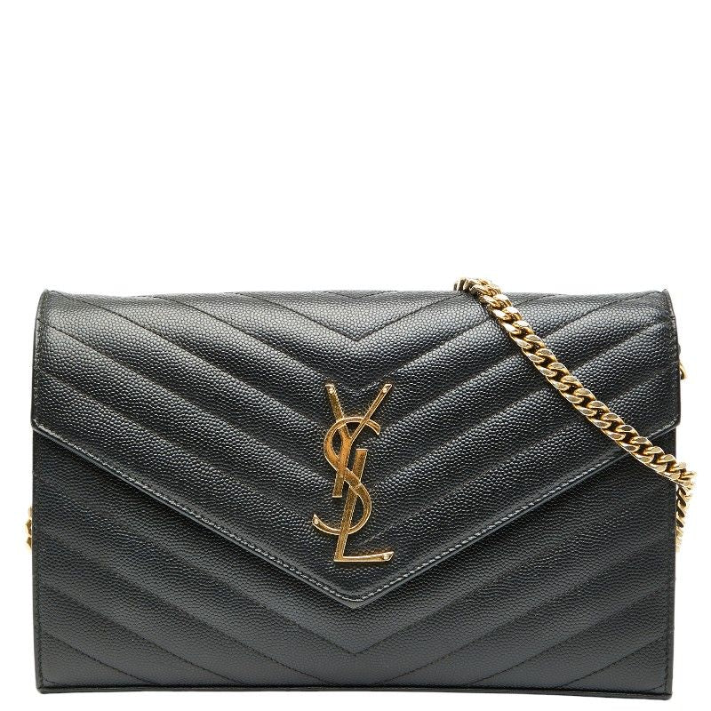Saint Laurent Cassandra YSL Logo Chain Wallet Black Leather Women Saint Laurent