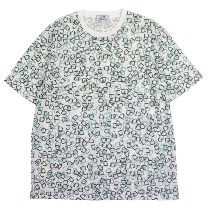 ▼hermes Etriers 100% Cotton Bit Crew Neck Short Sleeves White Green XXL Made In