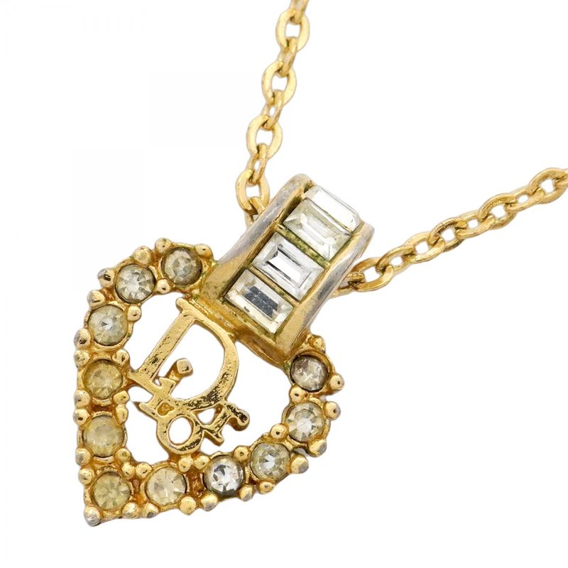 Christian Dior Necklace Dior Logo Heart Motif GP Plated Rhinestone Gold Ladies