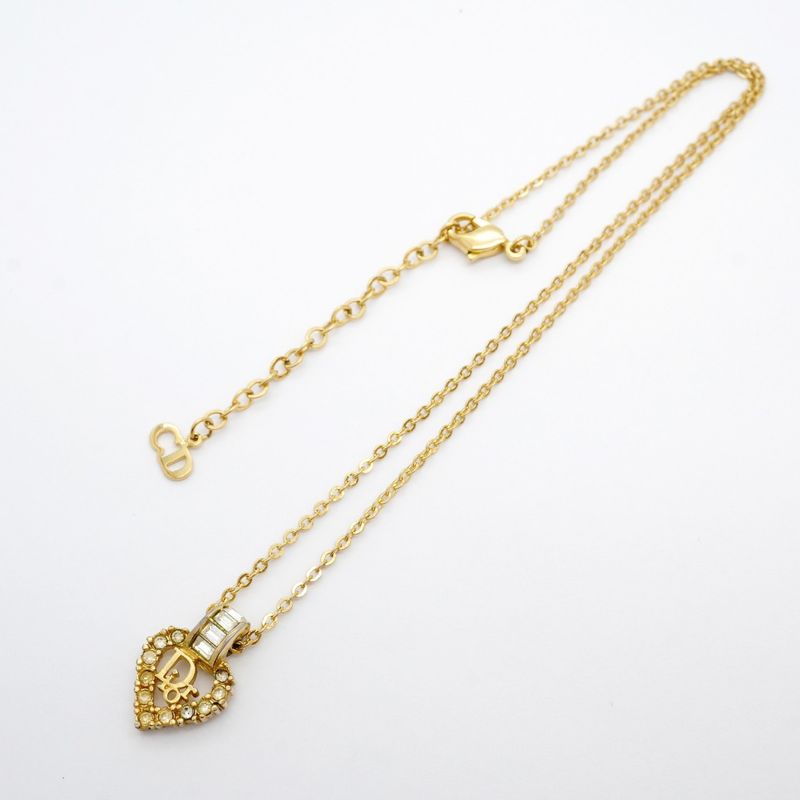 Christian Dior Necklace Dior Logo Heart Motif GP Plated Rhinestone Gold Ladies
