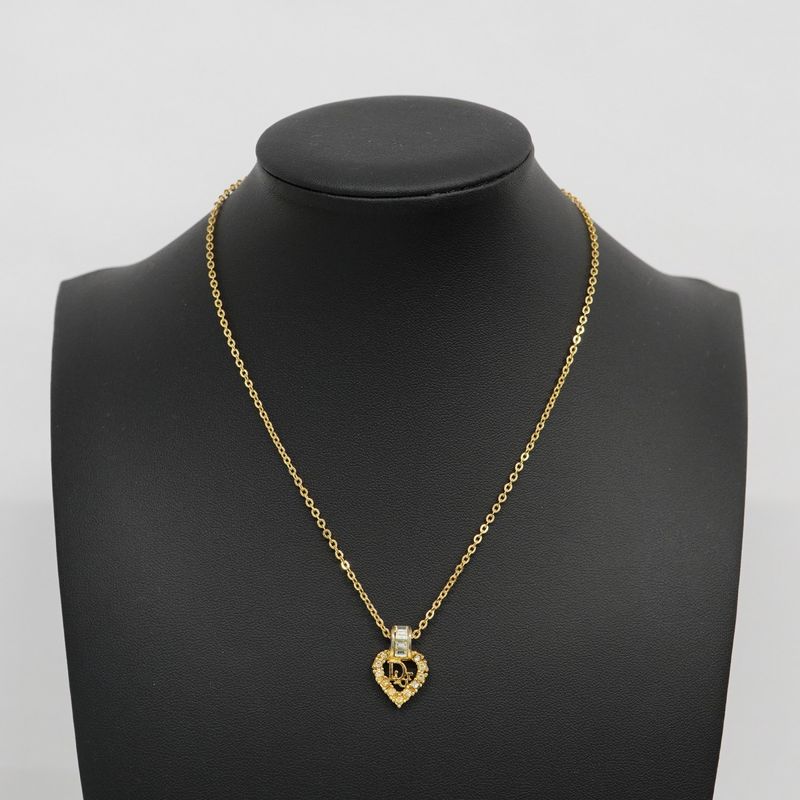 Christian Dior Necklace Dior Logo Heart Motif GP Plated Rhinestone Gold Ladies