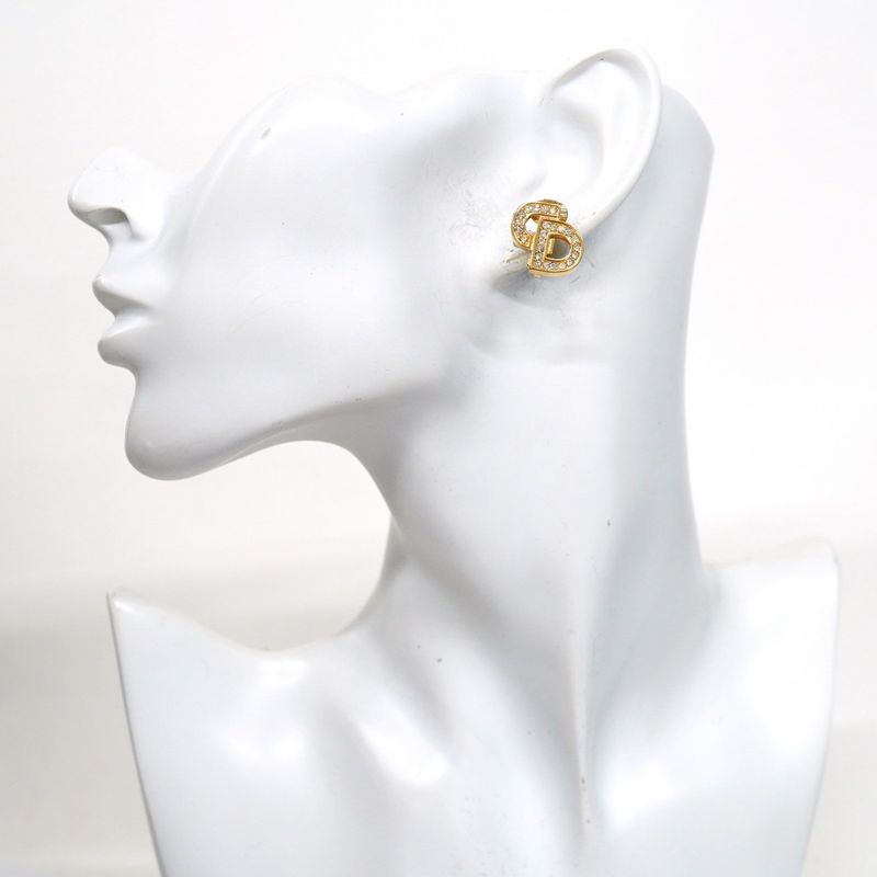 Christian Dior Earring CD Logo GP Plated Rhinestone Gold Ladies