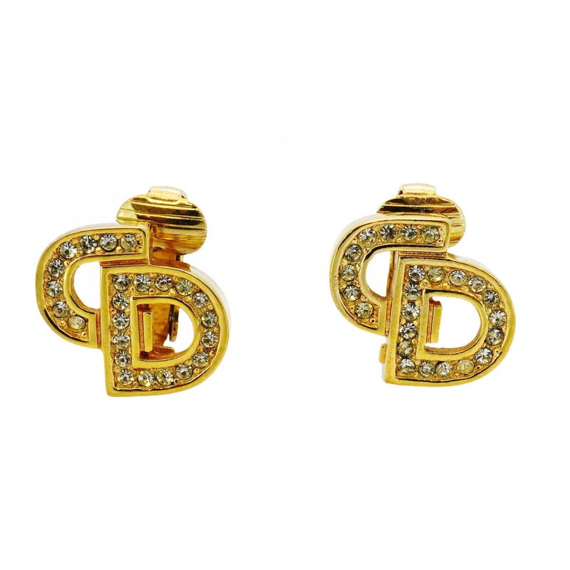 Christian Dior Earring CD Logo GP Plated Rhinestone Gold Ladies