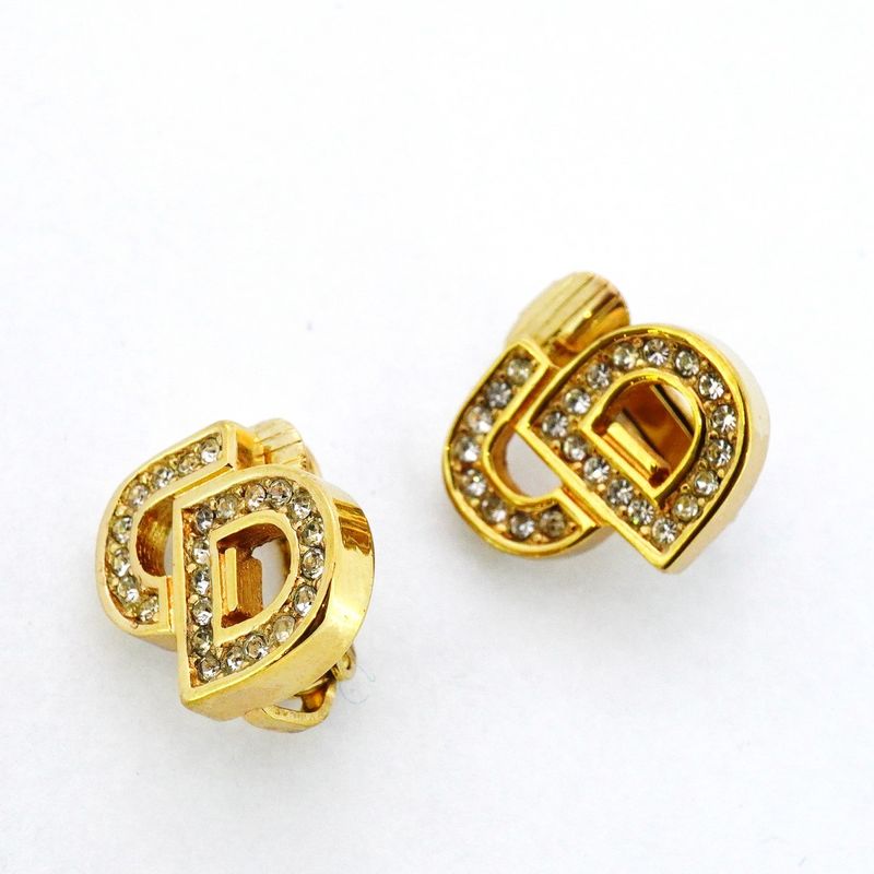 Christian Dior Earring CD Logo GP Plated Rhinestone Gold Ladies