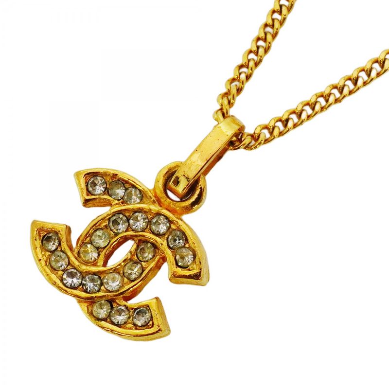 Chanel Necklace Vintage Coco Mark GP Plated Rhinestone Gold Ladies