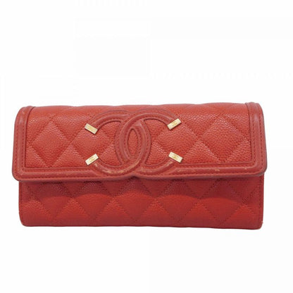 Chanel Long Wallet CC Filigree Caviar Skin Red Gold Hardware Women