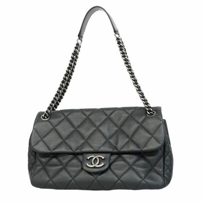 Chanel Shoulder Bag Matelasse Caviar Skin Black Silver Hardware Women