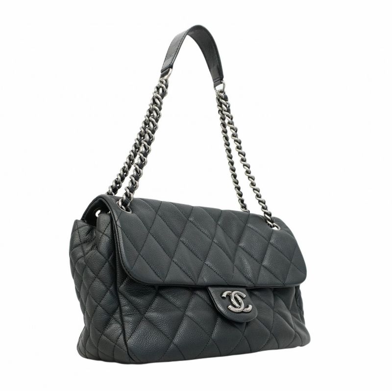 Chanel Shoulder Bag Matelasse Caviar Skin Black Silver Hardware Women