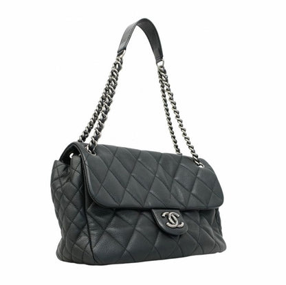 Chanel Shoulder Bag Matelasse Caviar Skin Black Silver Hardware Women