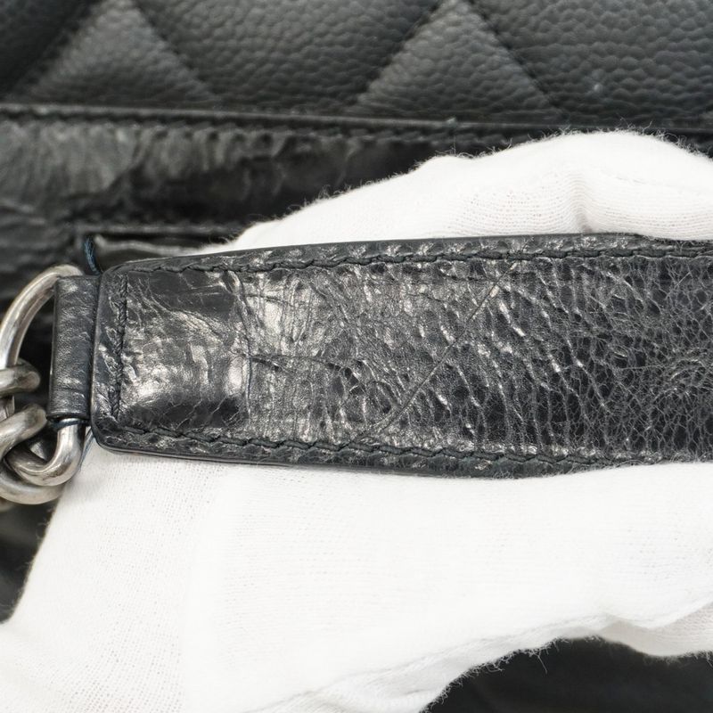 Chanel Shoulder Bag Matelasse Caviar Skin Black Silver Hardware Women