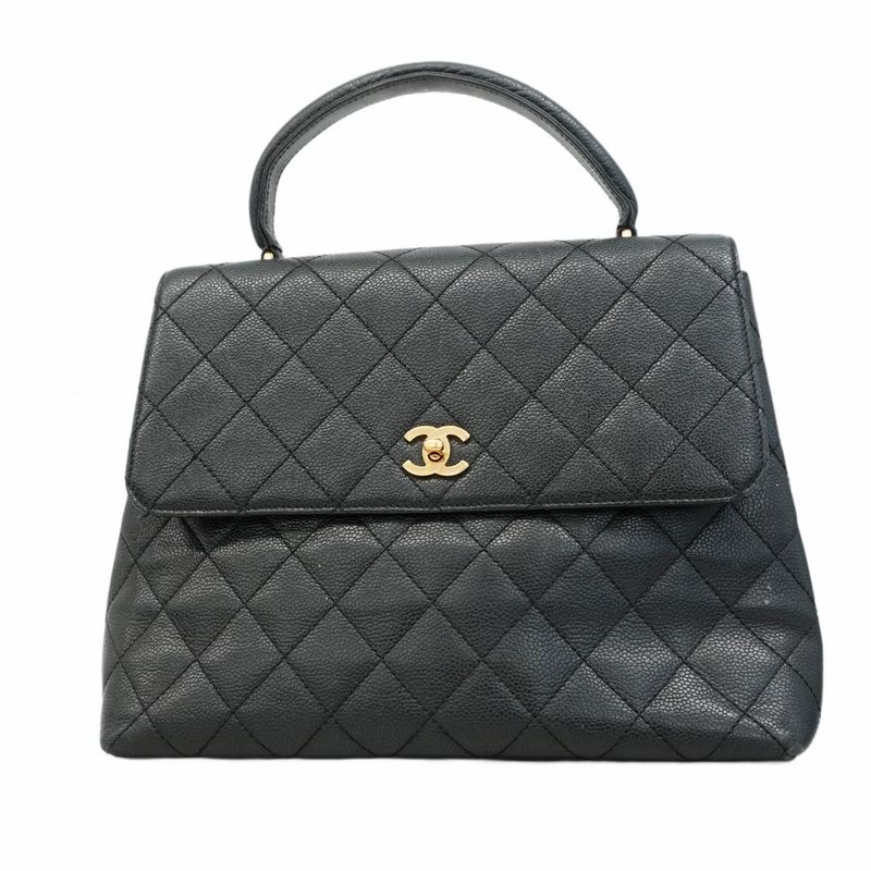 Chanel Handbag Matelasse Top Handle Caviar Skin Black Gold Hardware Women