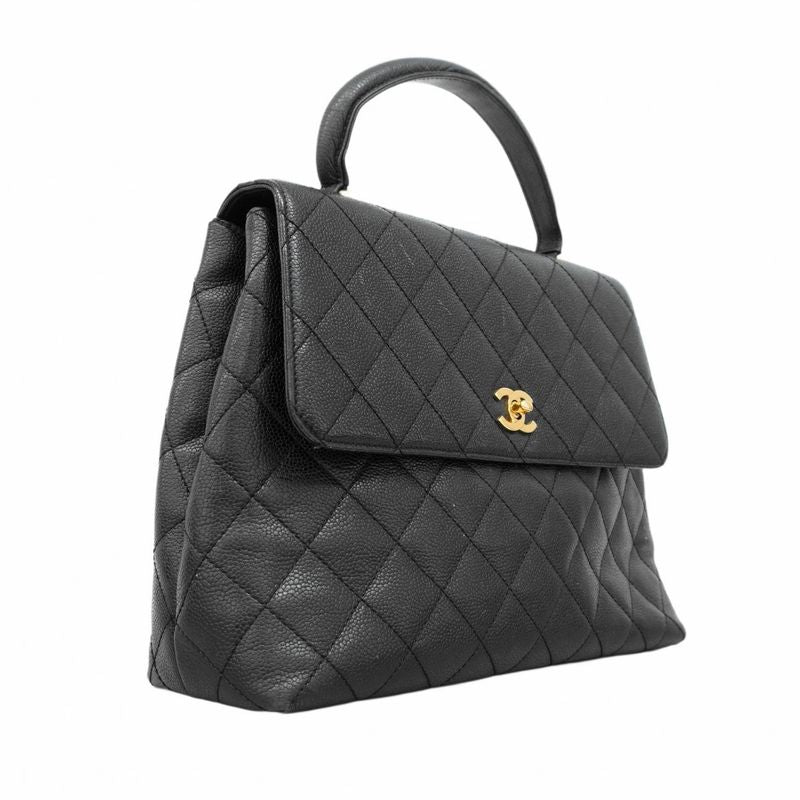 Chanel Handbag Matelasse Top Handle Caviar Skin Black Gold Hardware Women