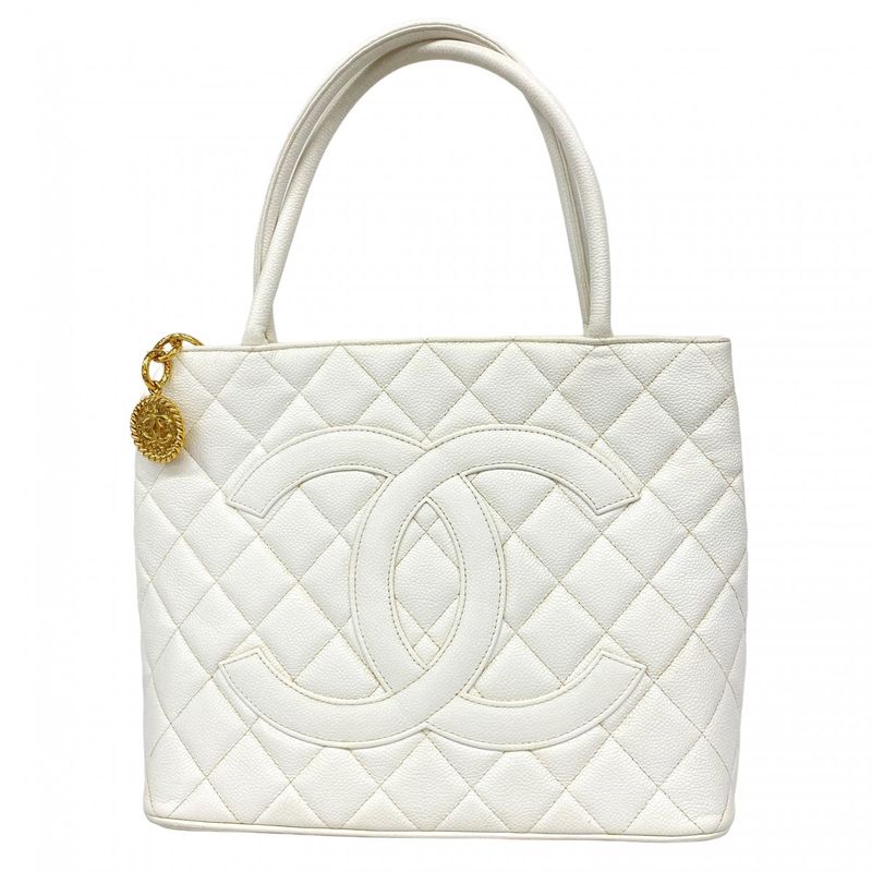 Chanel Tote Bag Revival Tote Caviar Skin White Gold Hardware Women's