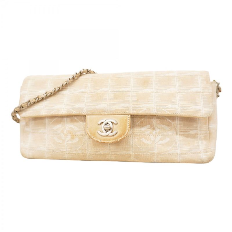 Chanel Shoulder Bag Chocobar New Travel Canvas Beige Silver Hardware Women