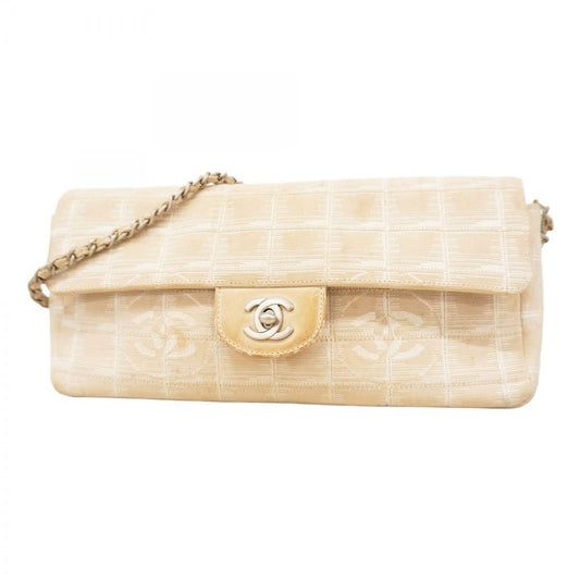 Chanel Shoulder Bag Chocobar New Travel Canvas Beige Silver Hardware Women