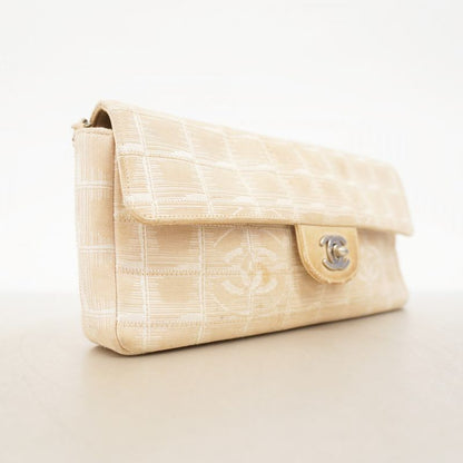 Chanel Shoulder Bag Chocobar New Travel Canvas Beige Silver Hardware Women