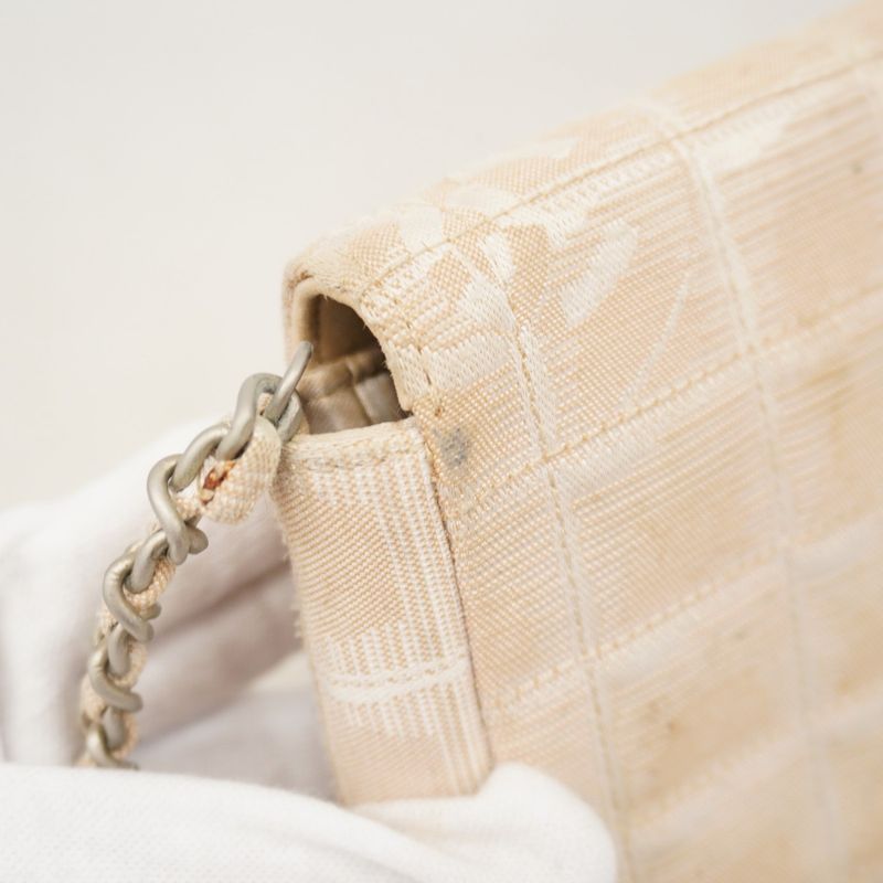 Chanel Shoulder Bag Chocobar New Travel Canvas Beige Silver Hardware Women