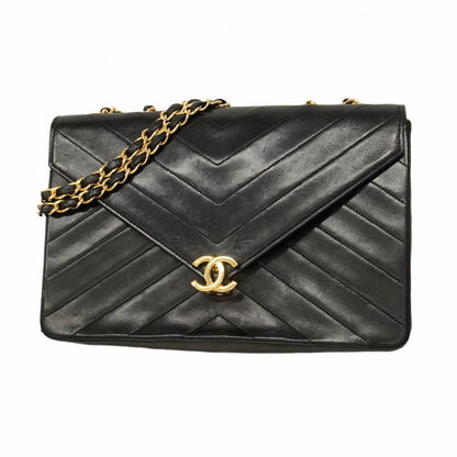 Chanel Shoulder Bag V-stitched Lambskin Black Gold Hardware Women