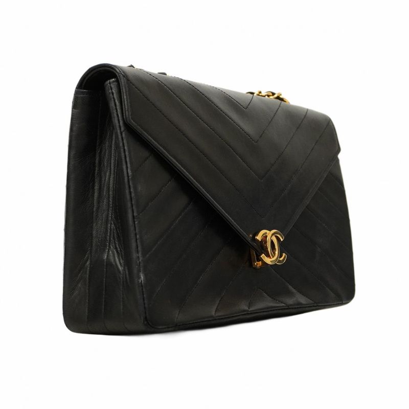 Chanel Shoulder Bag V-stitched Lambskin Black Gold Hardware Women