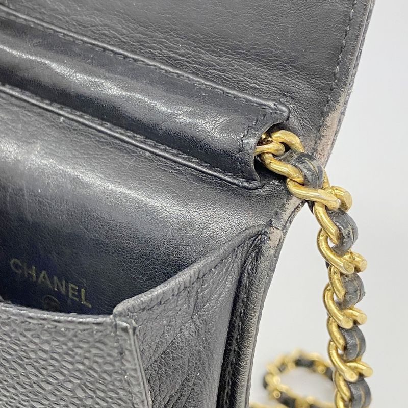 Chanel Shoulder Bag Caviar Skin Black Gold Hardware Women