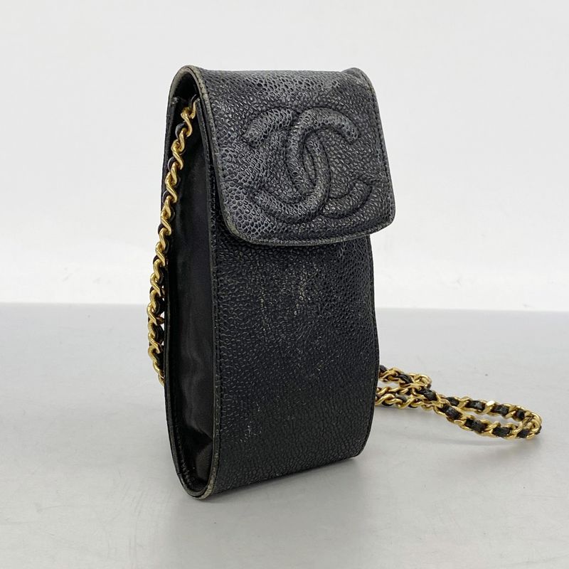 Chanel Shoulder Bag Caviar Skin Black Gold Hardware Women