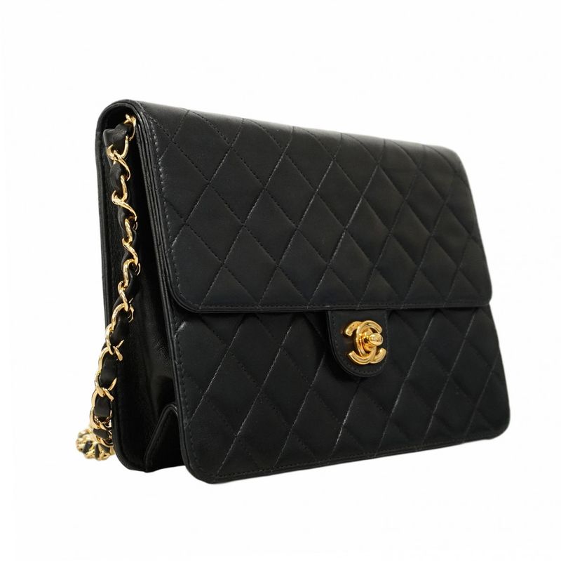 Chanel Shoulder Bag Matelasse Lambskin Black Gold Hardware Women