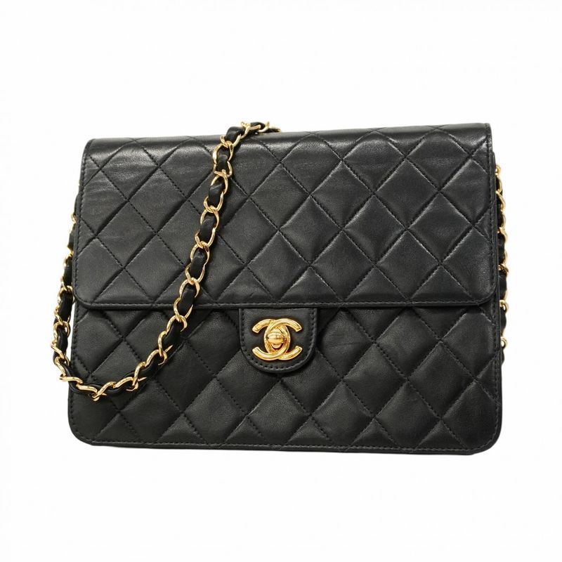 Chanel Shoulder Bag Matelasse Lambskin Black Gold Hardware Women