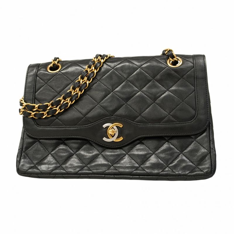 Chanel Shoulder Bag Matelasse / Paris Limited Edition Lambskin Black Gold/silver