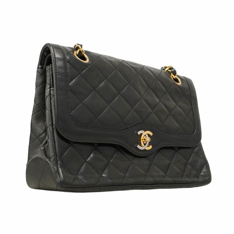 Chanel Shoulder Bag Matelasse / Paris Limited Edition Lambskin Black Gold/silver