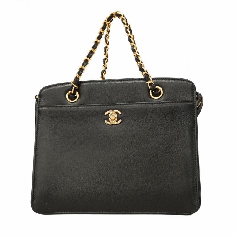 Chanel Handbag Leather Black Gold Hardware Women